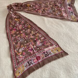 OSCAR DE LA RENTA/ Brown Magenta Gold Floral Royal Patterned Silk Floral Scarf